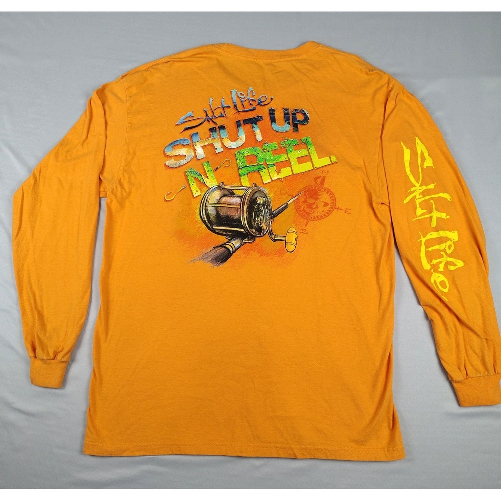 Salt Life Fishing Shirt Mens L Orange Shut up N Reel Pocket Tee Long Sleeve